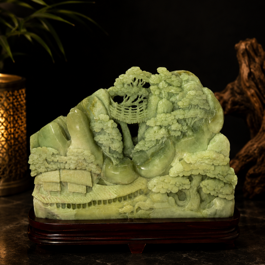 Landscape Carving in Serpentine Jade Crystal