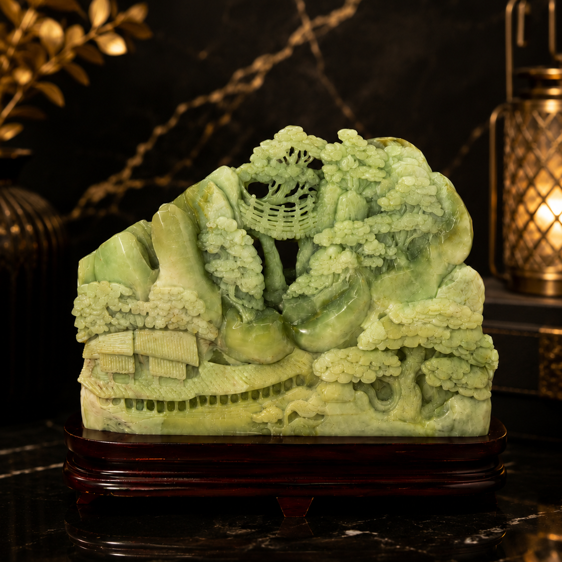 Landscape Carving in Serpentine Jade Crystal