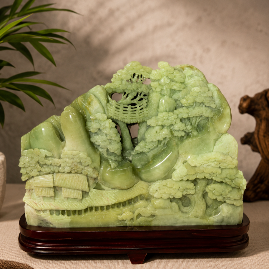 Landscape Carving in Serpentine Jade Crystal
