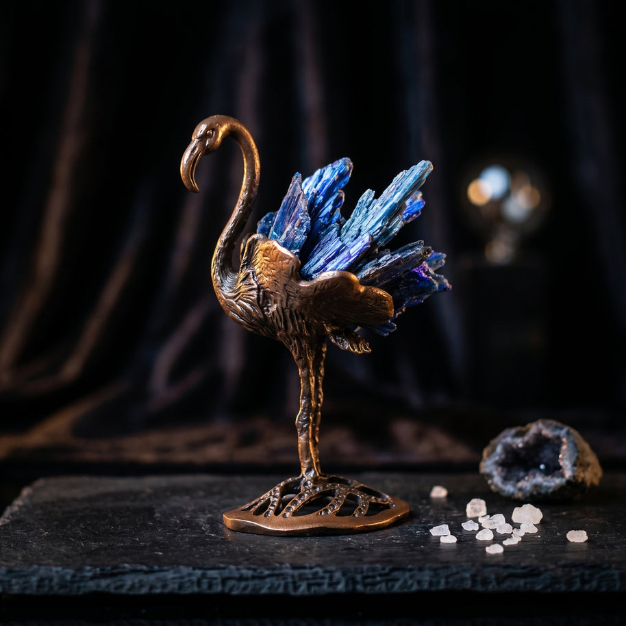 Blue Natural Tourmaline Golden Flamingo Crystal Figurine
