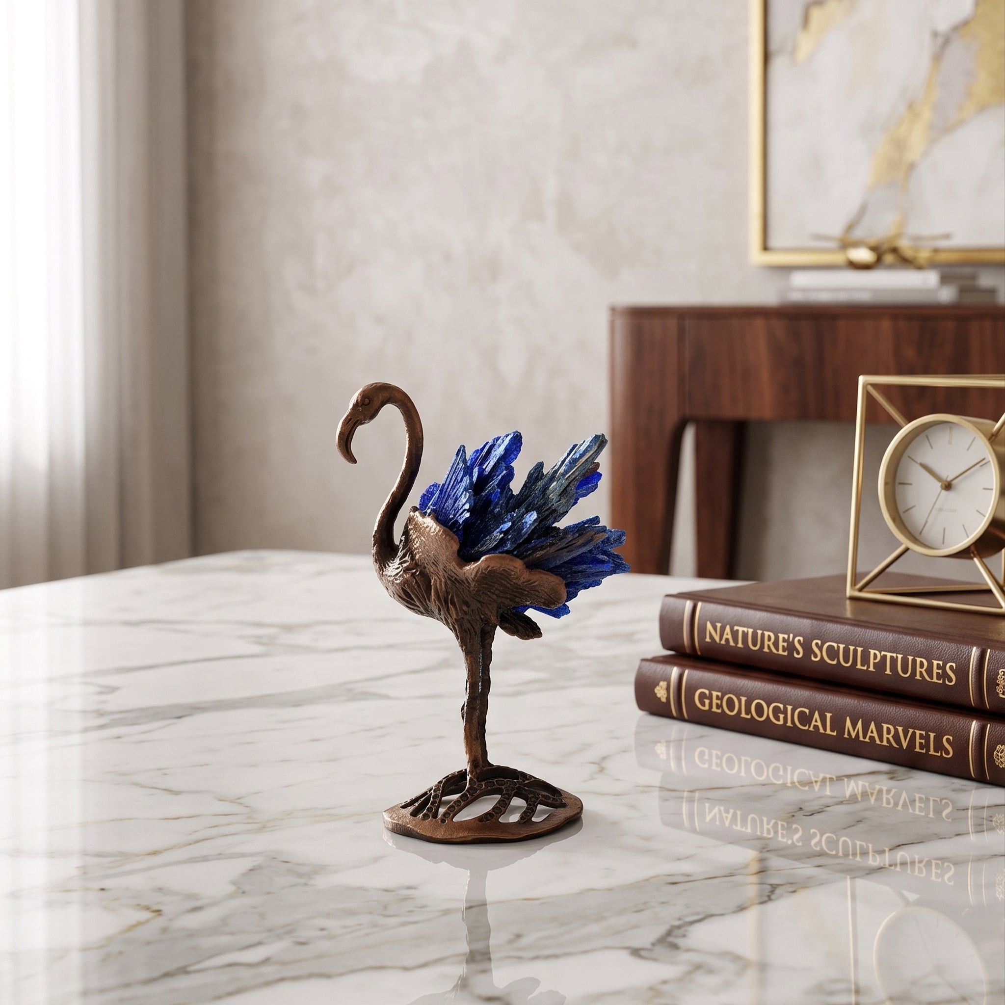 Blue Natural Tourmaline Golden Flamingo Crystal Figurine