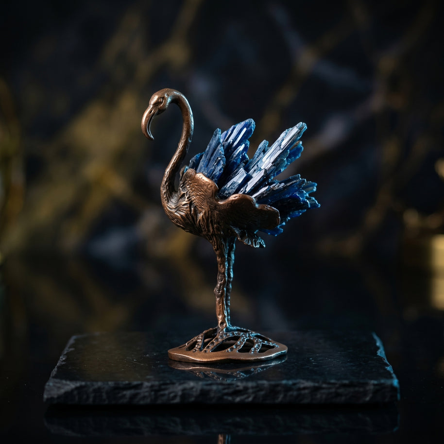 Blue Natural Tourmaline Golden Flamingo Crystal Figurine