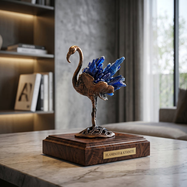 Blue Natural Tourmaline Golden Flamingo Crystal Figurine