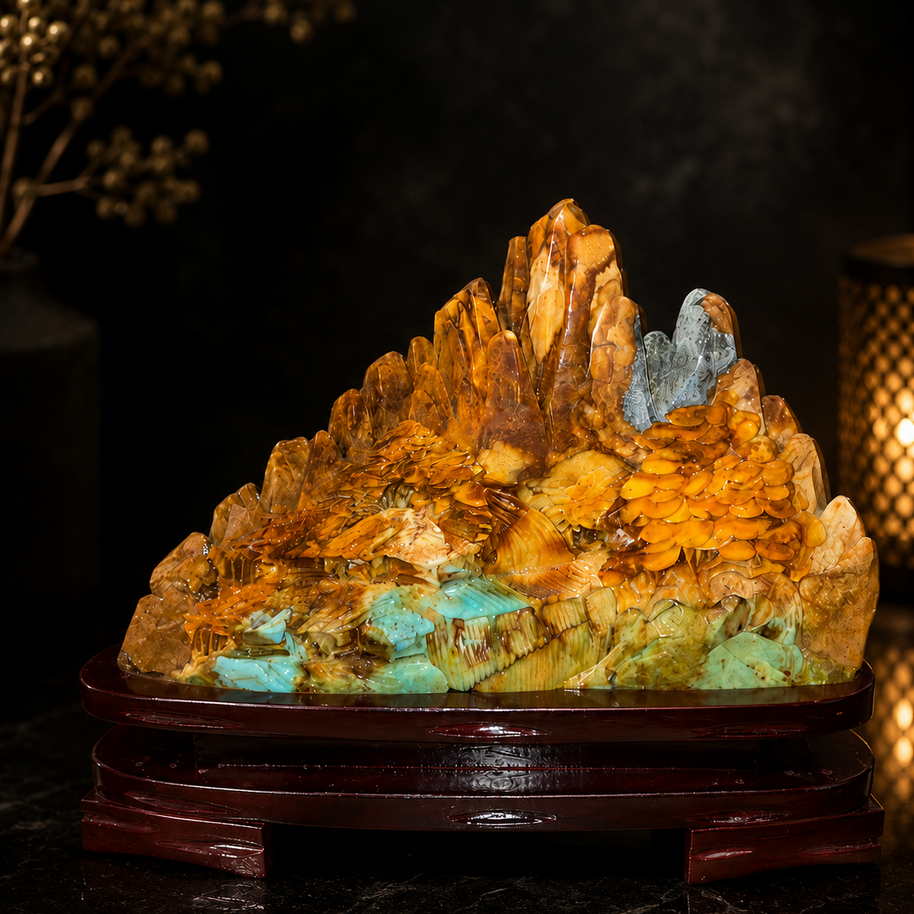 Natural Yellow White Xiu Jade Carving Mountain