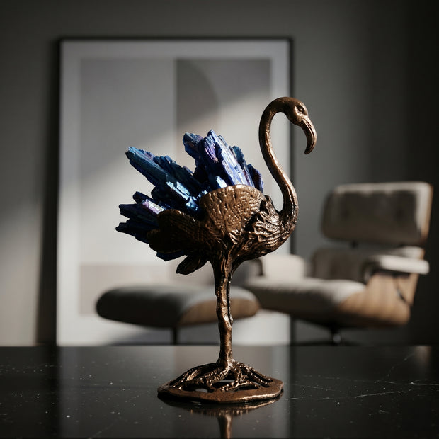 Blue Natural Tourmaline Golden Flamingo Crystal Figurine