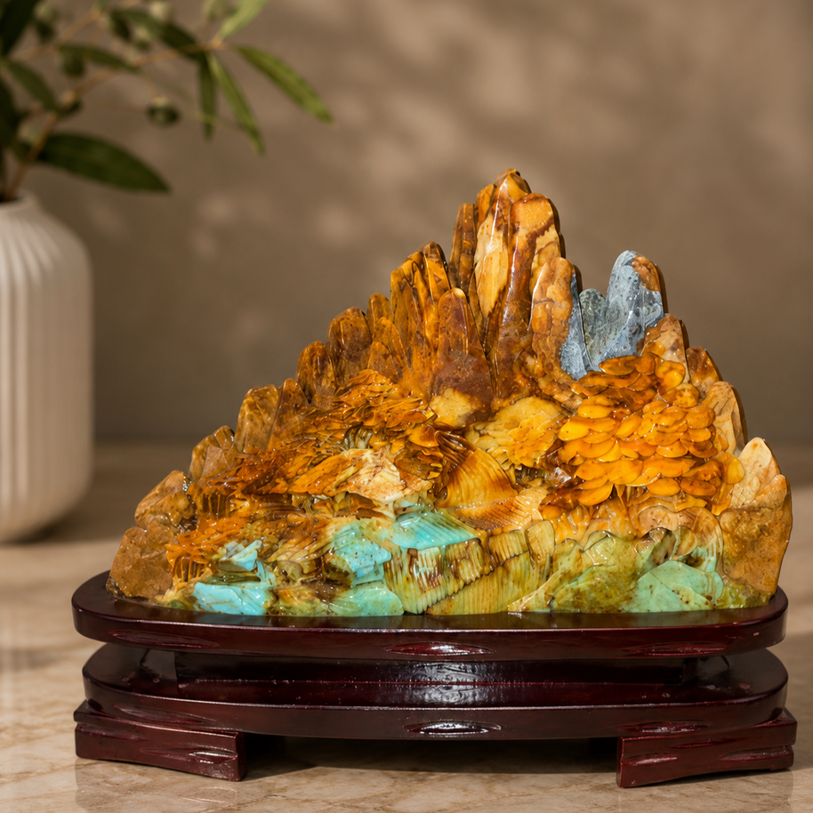Natural Yellow White Xiu Jade Carving Mountain