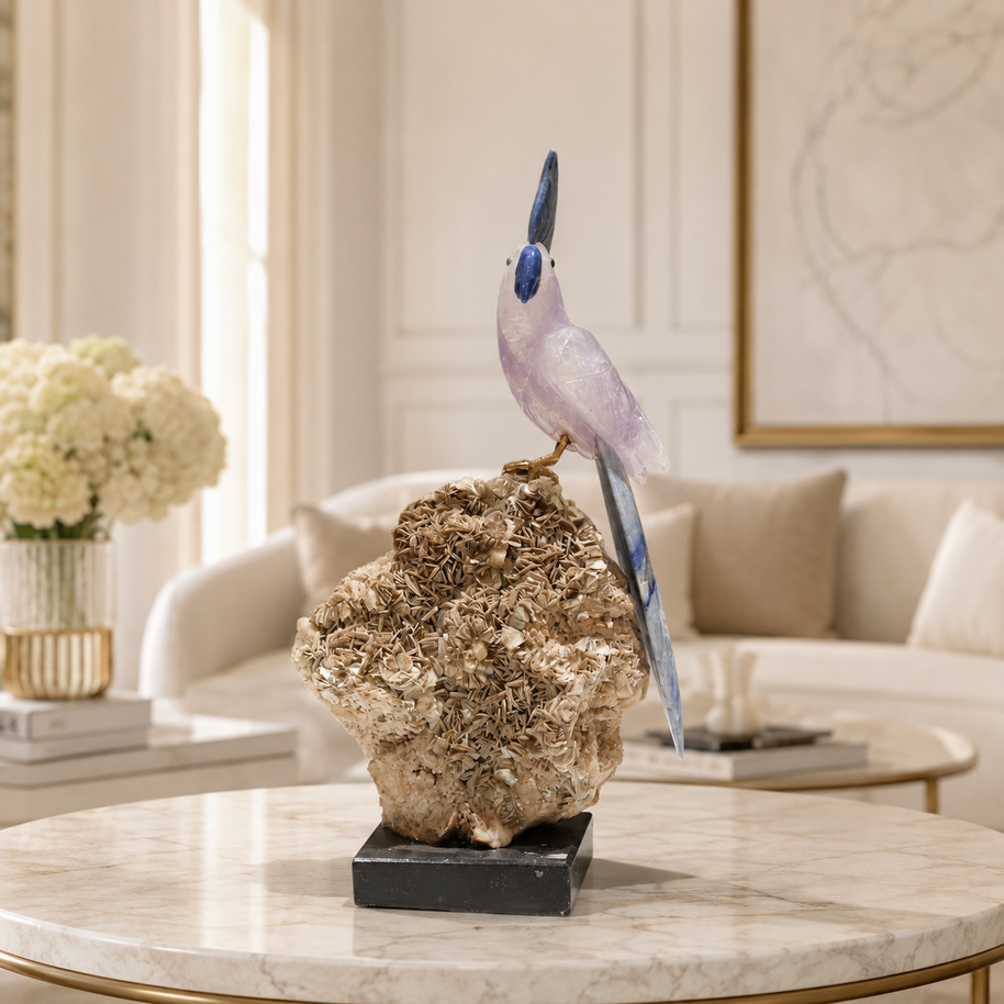 Natural Fluorite Crystal Bird Figurine on Mineral Matrix Base for Protection & Positivity Harmony, 8x30 cm, 1.714 kg