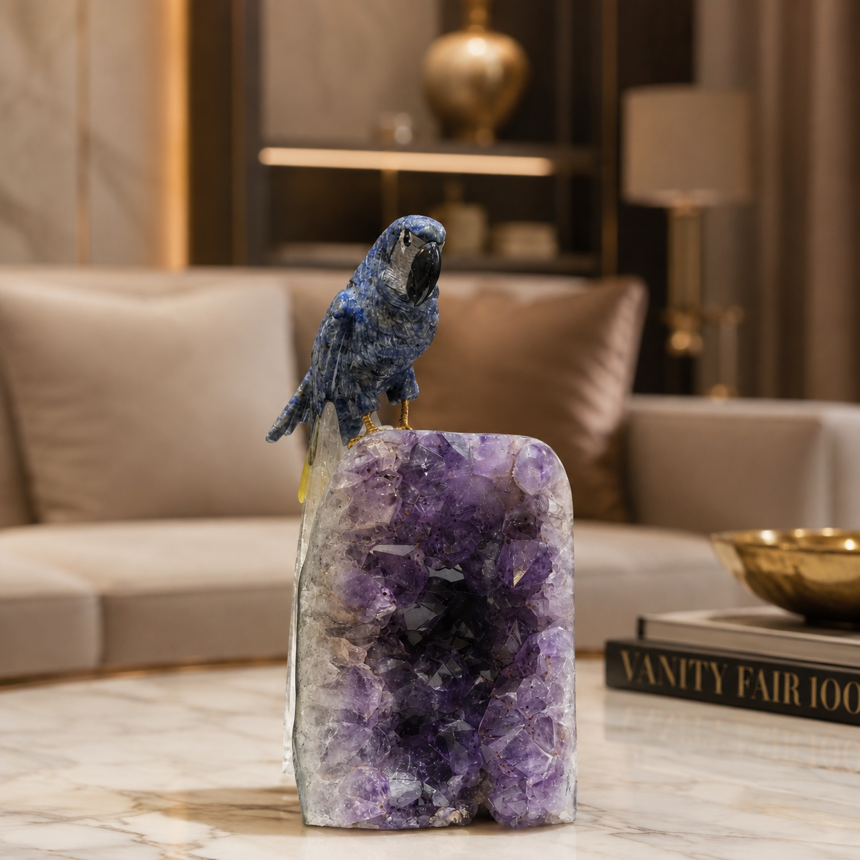 Natural Sodalite Crystal Bird Figurine on Amethyst Cluster Base for Protection & Positivity Harmony, 29x13 cm, 4.603 kg