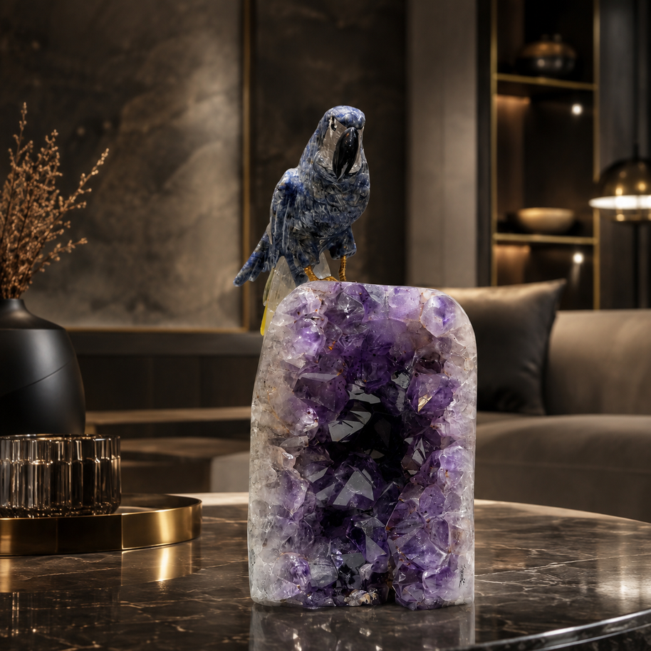 Natural Sodalite Crystal Bird Figurine on Amethyst Cluster Base for Protection & Positivity Harmony, 29x13 cm, 4.603 kg
