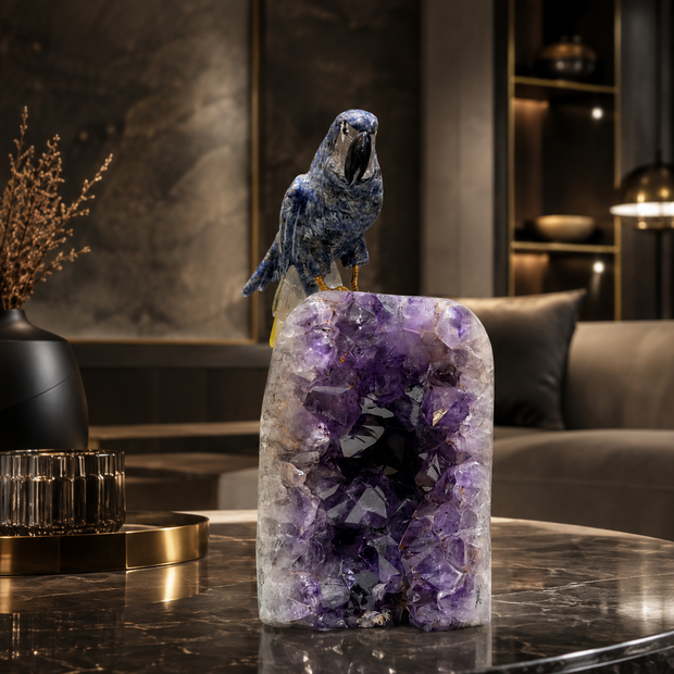 Natural Sodalite Crystal Bird Figurine on Amethyst Cluster Base for Protection & Positivity Harmony, 29x13 cm, 4.603 kg