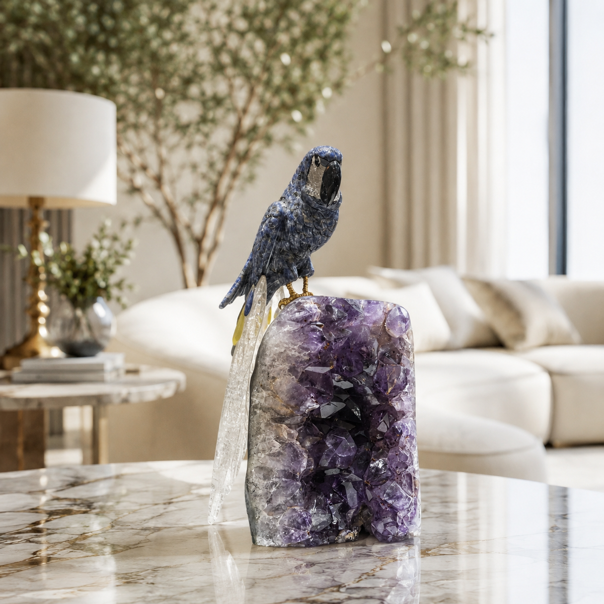 Natural Sodalite Crystal Bird Figurine on Amethyst Cluster Base for Protection & Positivity Harmony, 29x13 cm, 4.603 kg
