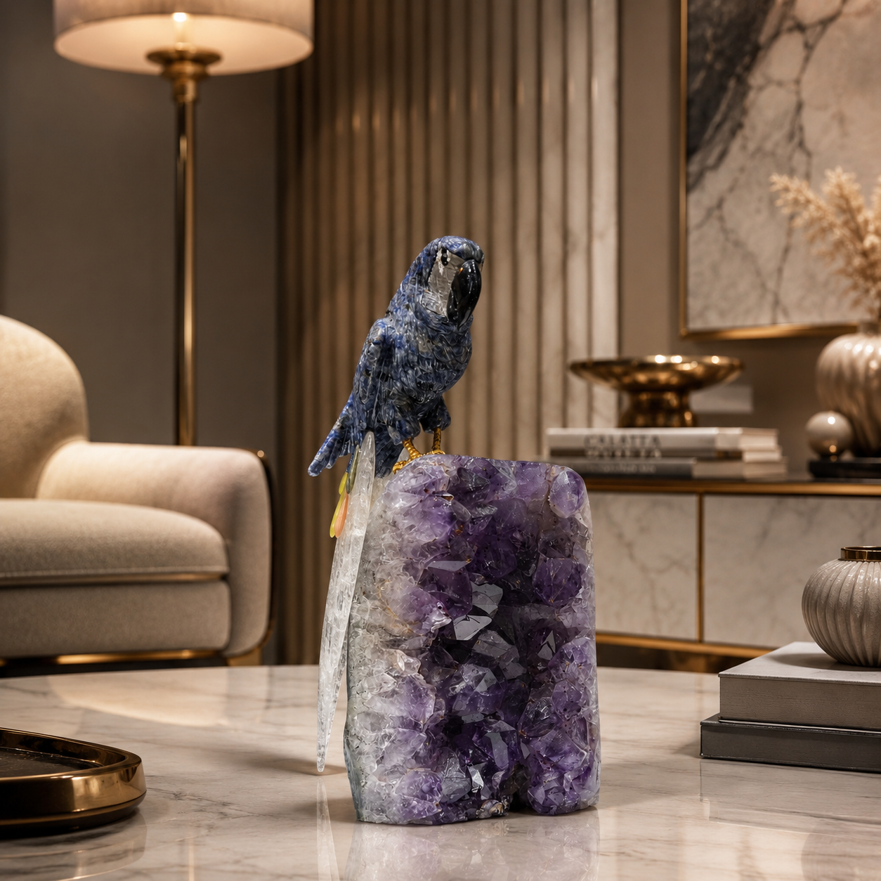 Natural Sodalite Crystal Bird Figurine on Amethyst Cluster Base for Protection & Positivity Harmony, 29x13 cm, 4.603 kg