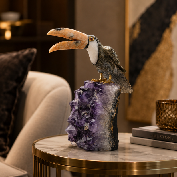 Natural Green Serpentine & Calcite Crystal Bird Figurine on Amethyst Cluster Base for Protection & Positivity Harmony, 13x34 cm, 5.575 kg