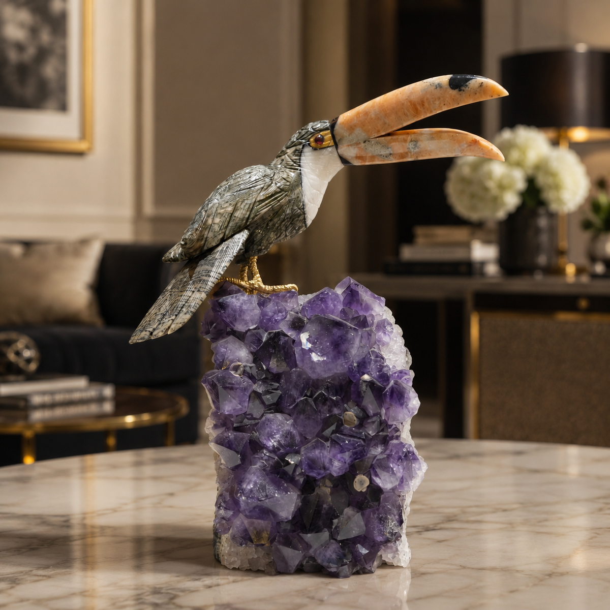 Natural Green Serpentine & Calcite Crystal Bird Figurine on Amethyst Cluster Base for Protection & Positivity Harmony, 13x34 cm, 5.575 kg
