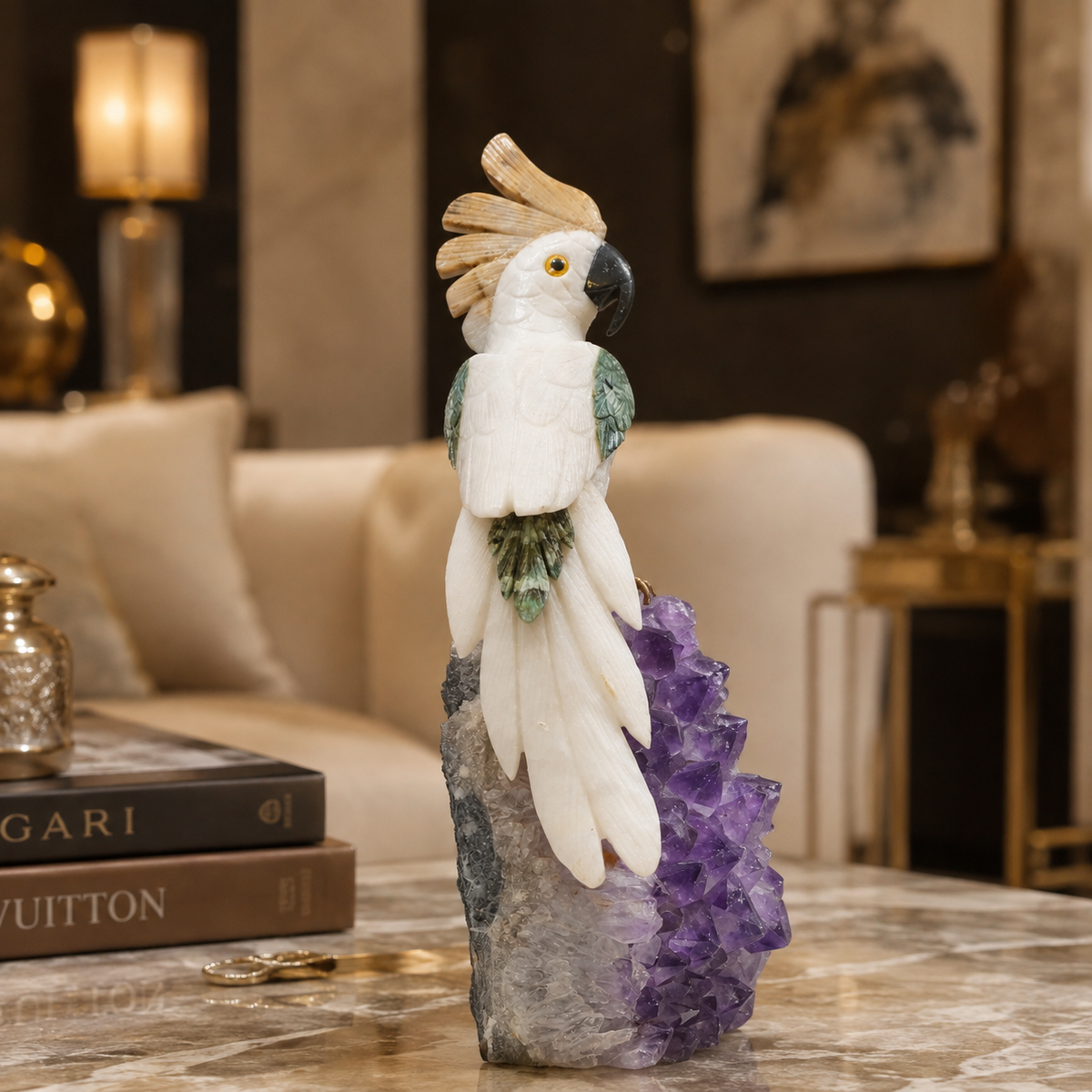 Natural Quartz & Aventurine Crystal Bird Figurine on Amethyst Cluster Base for Protection & Positivity Harmony, 16x40 cm, 5.573 kg