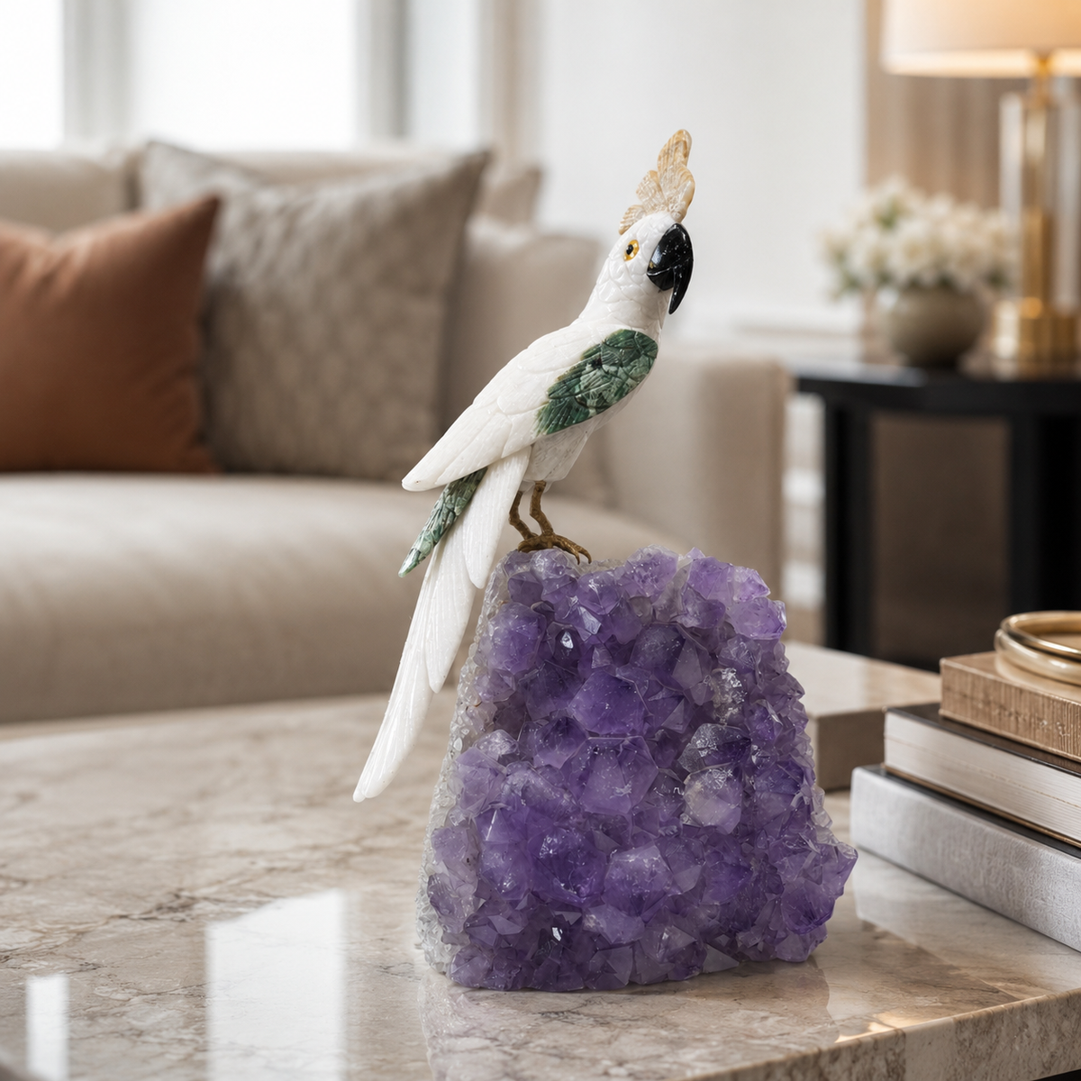 Natural Quartz & Aventurine Crystal Bird Figurine on Amethyst Cluster Base for Protection & Positivity Harmony, 16x40 cm, 5.573 kg