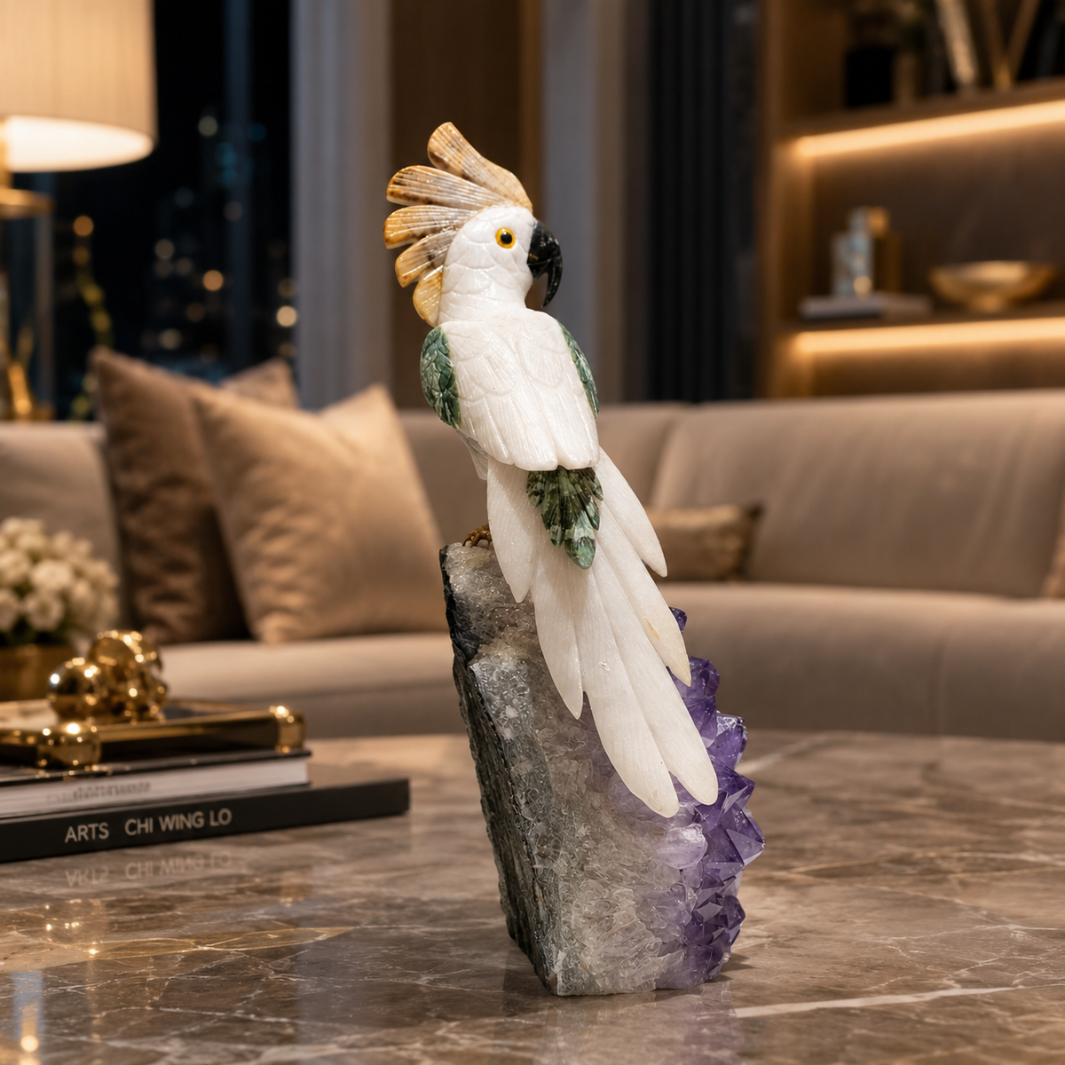 Natural Quartz & Aventurine Crystal Bird Figurine on Amethyst Cluster Base for Protection & Positivity Harmony, 16x40 cm, 5.573 kg
