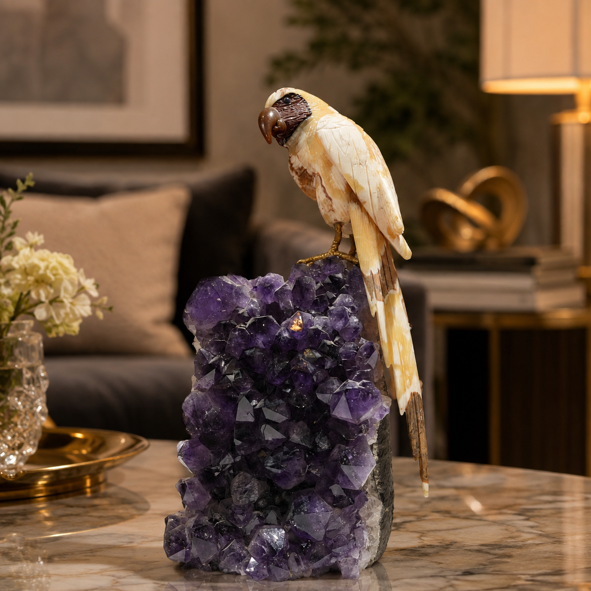 Natural Yellow Calcite Crystal Bird Figurine on Amethyst Cluster Base for Protection & Positivity Harmony, 15x39 cm, 7.158 kg