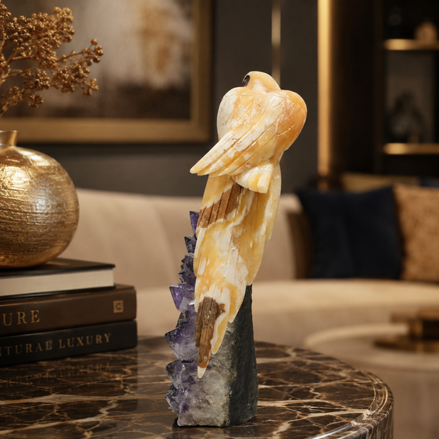 Natural Yellow Calcite Crystal Bird Figurine on Amethyst Cluster Base for Protection & Positivity Harmony, 15x39 cm, 7.158 kg