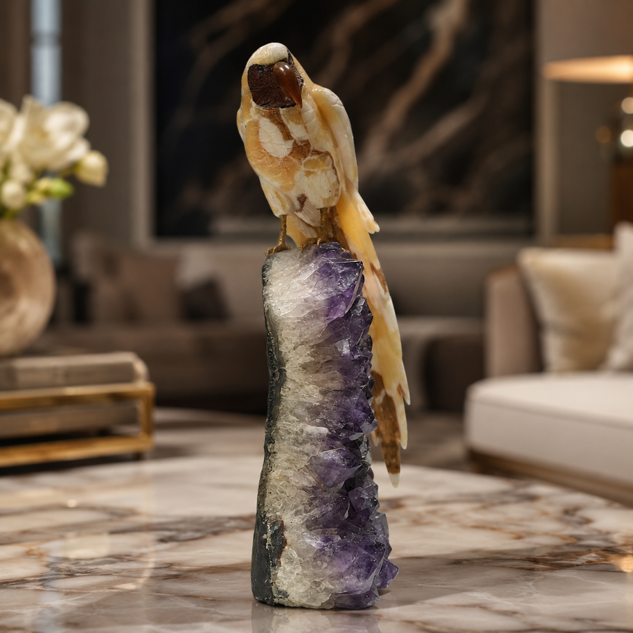 Natural Yellow Calcite Crystal Bird Figurine on Amethyst Cluster Base for Protection & Positivity Harmony, 15x39 cm, 7.158 kg