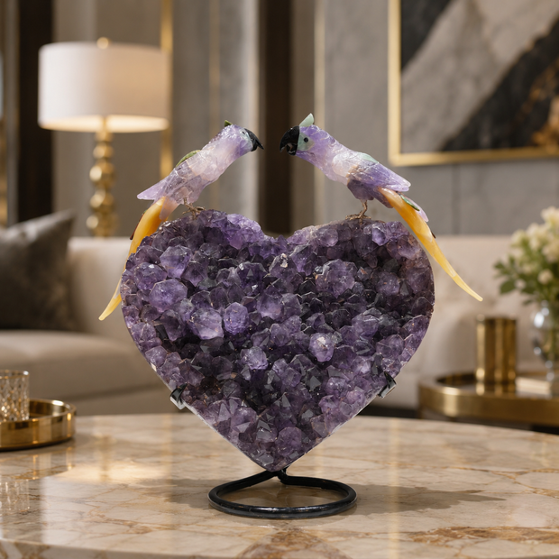 Natural Fluorite Crystal Bird Figurine on Amethyst Cluster Base for Protection & Positivity Harmony, 29x37 cm, 9.2 kg