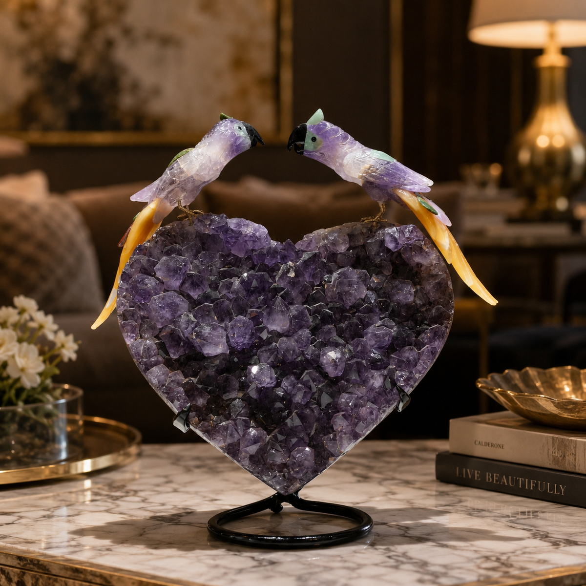 Natural Fluorite Crystal Bird Figurine on Amethyst Cluster Base for Protection & Positivity Harmony, 29x37 cm, 9.2 kg