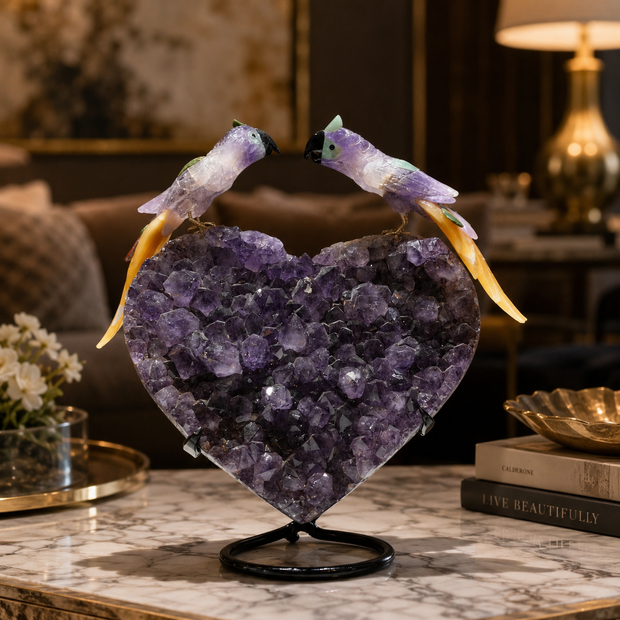Natural Fluorite Crystal Bird Figurine on Amethyst Cluster Base for Protection & Positivity Harmony, 29x37 cm, 9.2 kg