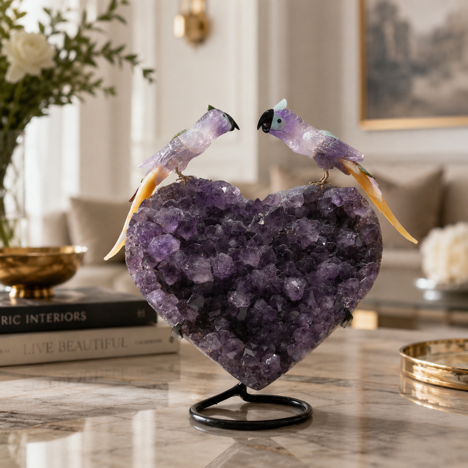 Natural Fluorite Crystal Bird Figurine on Amethyst Cluster Base for Protection & Positivity Harmony, 29x37 cm, 9.2 kg