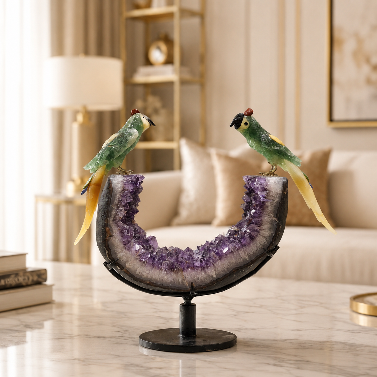 Natural Green Aventurine Crystal Bird Figurine on Amethyst Cluster Base for Protection & Positivity Harmony, 25x36 cm, 7.936 kg