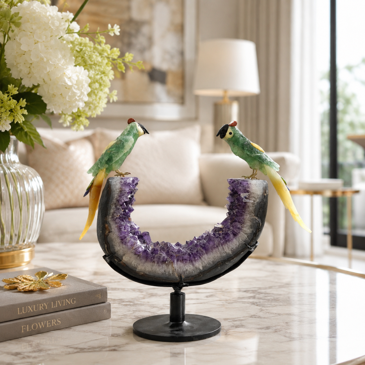 Natural Green Aventurine Crystal Bird Figurine on Amethyst Cluster Base for Protection & Positivity Harmony, 25x36 cm, 7.936 kg