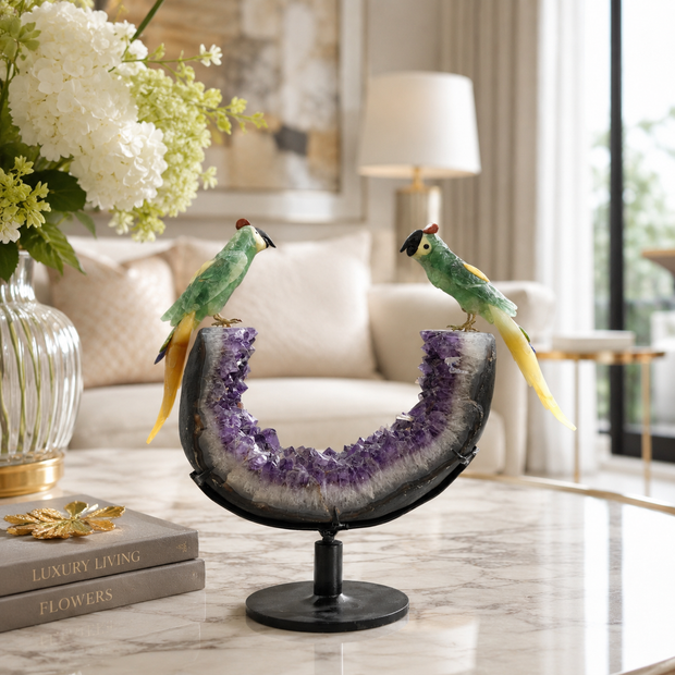 Natural Green Aventurine Crystal Bird Figurine on Amethyst Cluster Base for Protection & Positivity Harmony, 25x36 cm, 7.936 kg