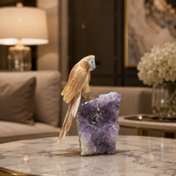 Natural Yellow Calcite Crystal Bird Figurine on Amethyst Cluster Base for Protection & Positivity Harmony, 9x25 cm, 2.472 kg