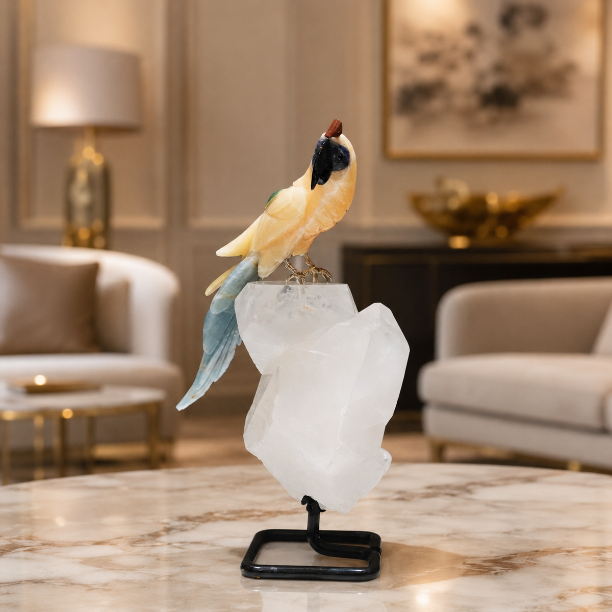 Natural Yellow Calcite & Sodalite Crystal Bird Figurine on Quartz Base for Protection & Positivity Harmony, 10x28 cm, 2.173 kg
