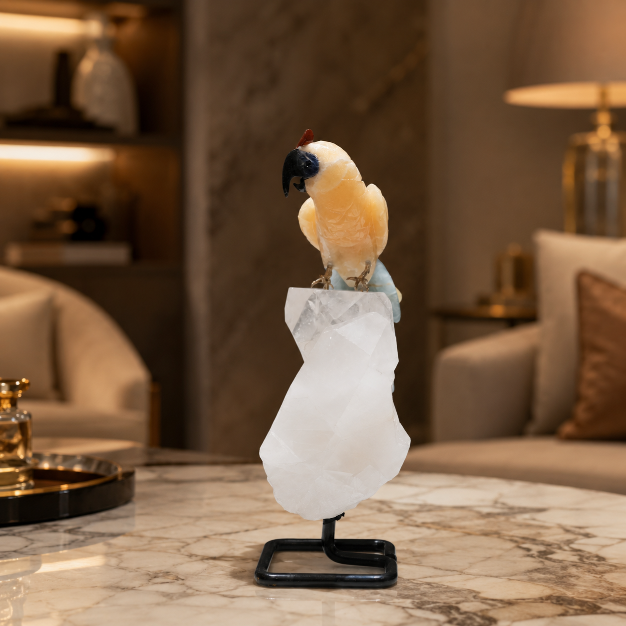 Natural Yellow Calcite & Sodalite Crystal Bird Figurine on Quartz Base for Protection & Positivity Harmony, 10x28 cm, 2.173 kg