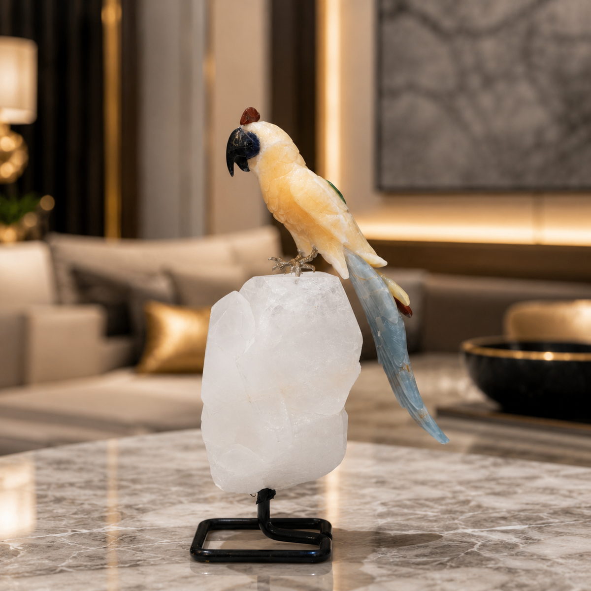 Natural Yellow Calcite & Sodalite Crystal Bird Figurine on Quartz Base for Protection & Positivity Harmony, 10x28 cm, 2.173 kg