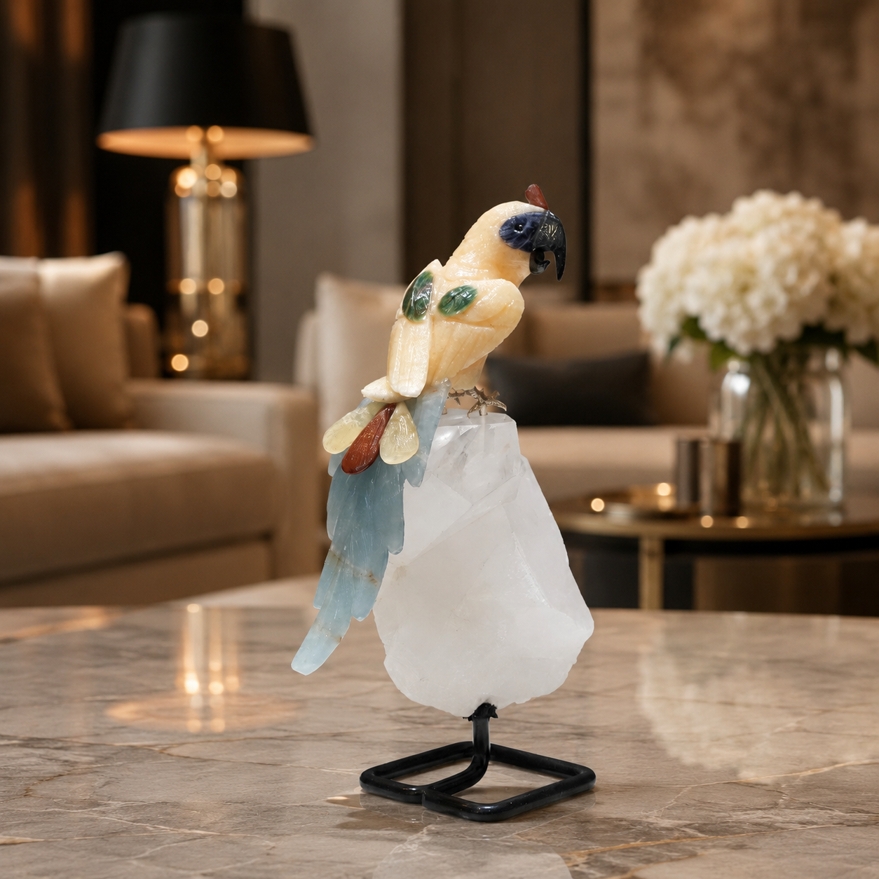 Natural Yellow Calcite & Sodalite Crystal Bird Figurine on Quartz Base for Protection & Positivity Harmony, 10x28 cm, 2.173 kg