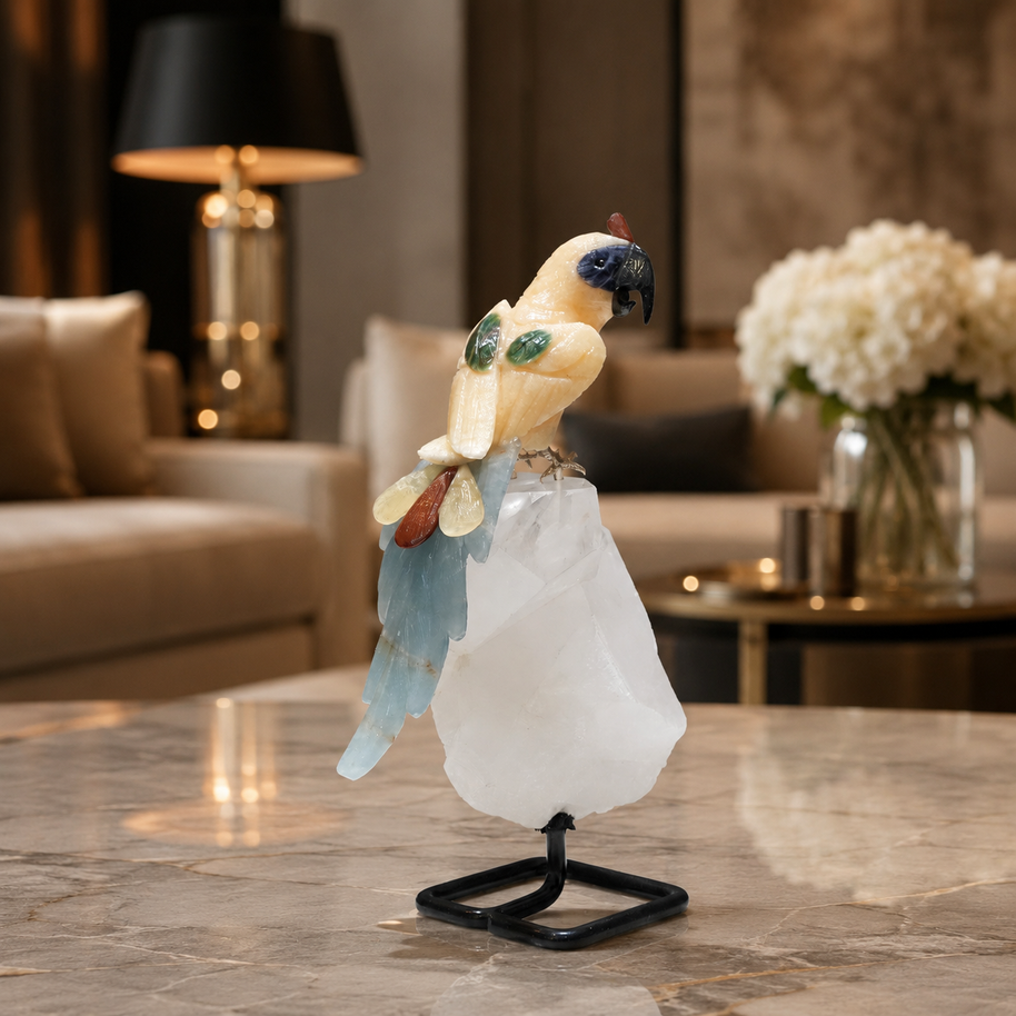 Natural Yellow Calcite & Sodalite Crystal Bird Figurine on Quartz Base for Protection & Positivity Harmony, 10x28 cm, 2.173 kg