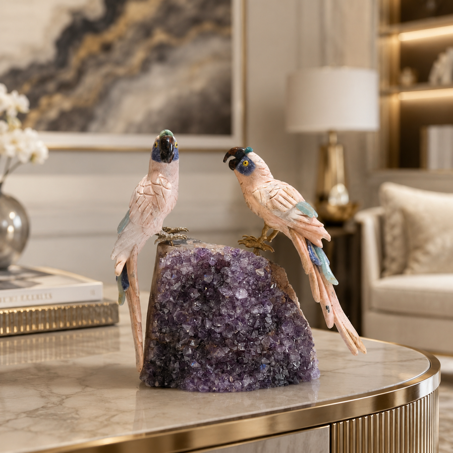 Natural Rose Quartz Crystal Bird Figurine on Amethyst Cluster Base for Protection & Positivity Harmony, 14x22 cm, 2.589 kg