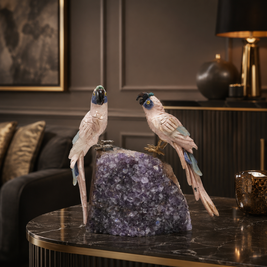 Natural Rose Quartz Crystal Bird Figurine on Amethyst Cluster Base for Protection & Positivity Harmony, 14x22 cm, 2.589 kg