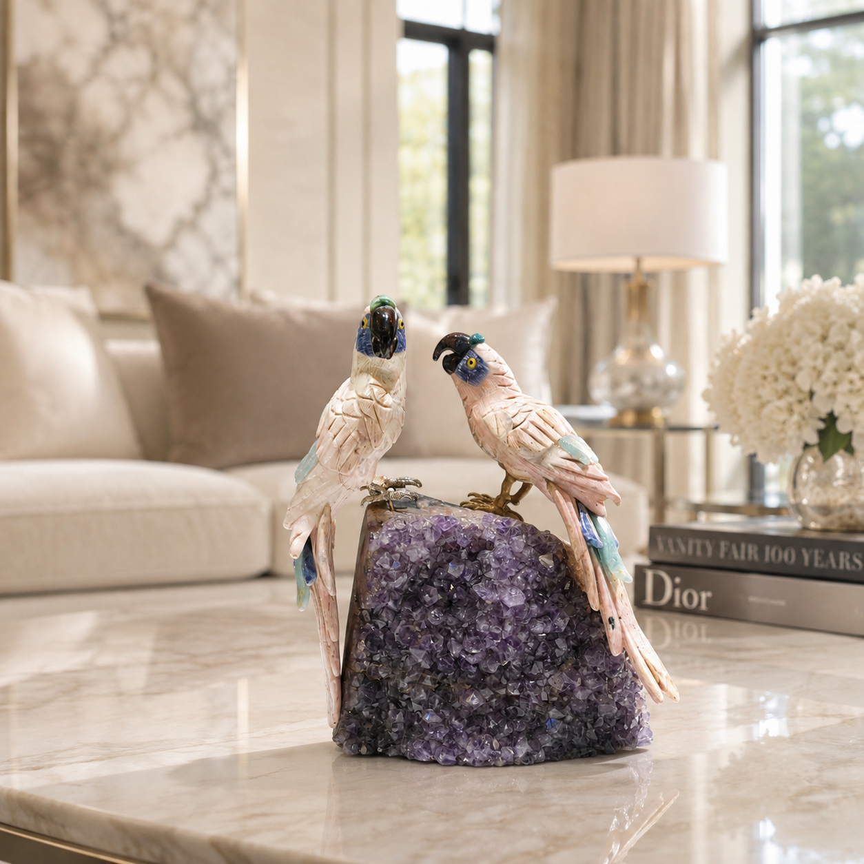 Natural Rose Quartz Crystal Bird Figurine on Amethyst Cluster Base for Protection & Positivity Harmony, 14x22 cm, 2.589 kg