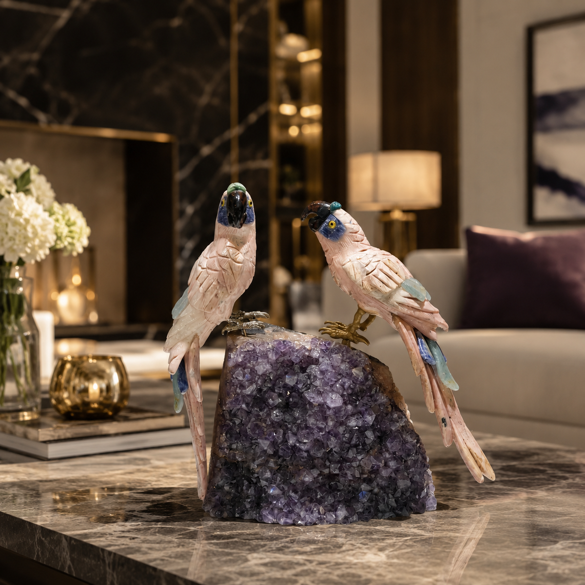 Natural Rose Quartz Crystal Bird Figurine on Amethyst Cluster Base for Protection & Positivity Harmony, 14x22 cm, 2.589 kg