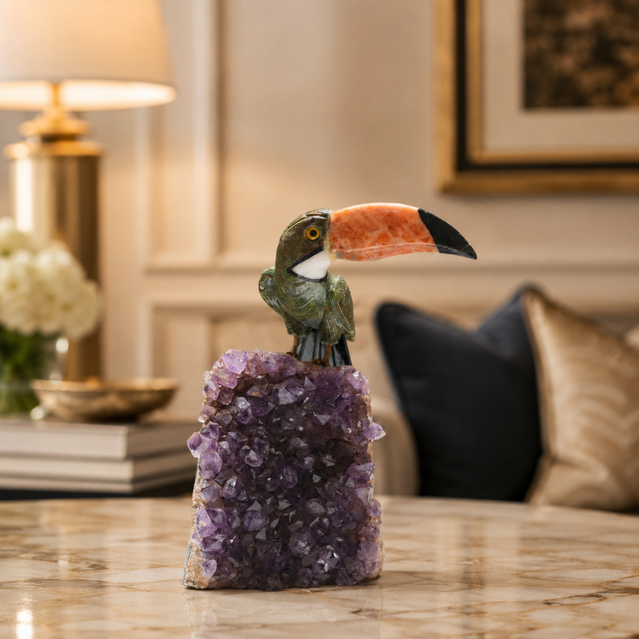 Natural Jasper & Calcite Crystal Bird Figurine on Amethyst Cluster Base for Protection & Positivity Harmony, 14x27 cm, 3.593 kg