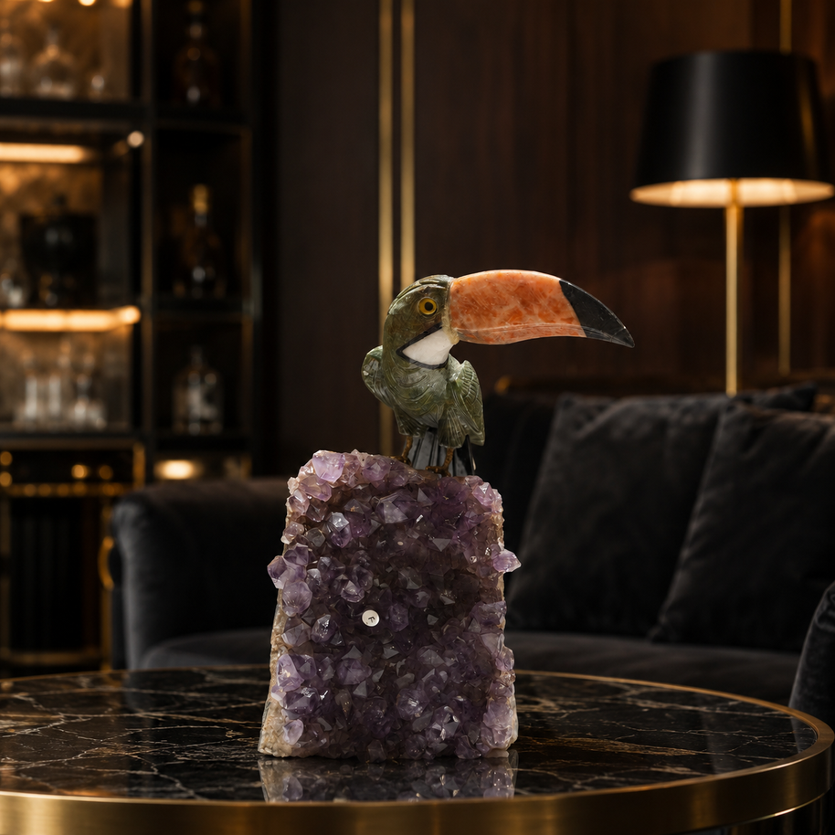 Natural Jasper & Calcite Crystal Bird Figurine on Amethyst Cluster Base for Protection & Positivity Harmony, 14x27 cm, 3.593 kg