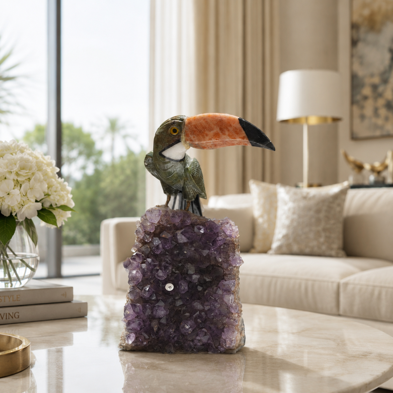 Natural Jasper & Calcite Crystal Bird Figurine on Amethyst Cluster Base for Protection & Positivity Harmony, 14x27 cm, 3.593 kg