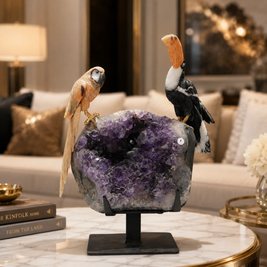 Natural Jasper & Calcite Crystal Bird Figurine on Amethyst Cluster Base for Protection & Positivity Harmony, 15x31 cm, 4.362 kg
