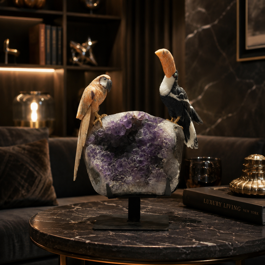 Natural Jasper & Calcite Crystal Bird Figurine on Amethyst Cluster Base for Protection & Positivity Harmony, 15x31 cm, 4.362 kg
