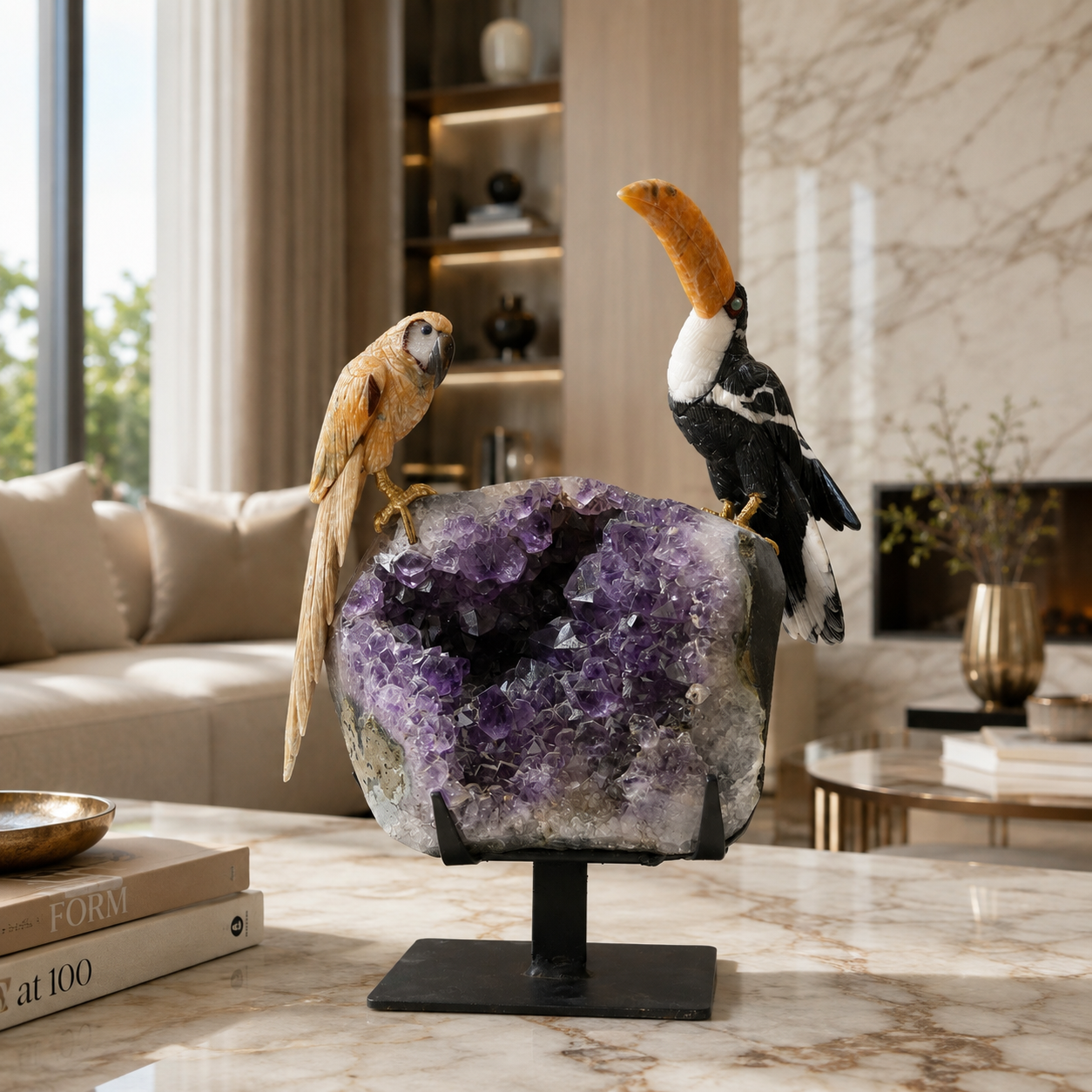 Natural Jasper & Calcite Crystal Bird Figurine on Amethyst Cluster Base for Protection & Positivity Harmony, 15x31 cm, 4.362 kg