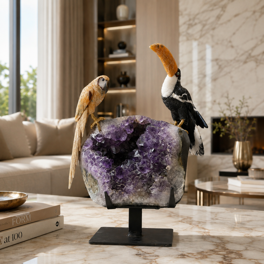 Natural Jasper & Calcite Crystal Bird Figurine on Amethyst Cluster Base for Protection & Positivity Harmony, 15x31 cm, 4.362 kg