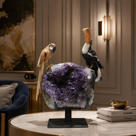 Natural Jasper & Calcite Crystal Bird Figurine on Amethyst Cluster Base for Protection & Positivity Harmony, 15x31 cm, 4.362 kg