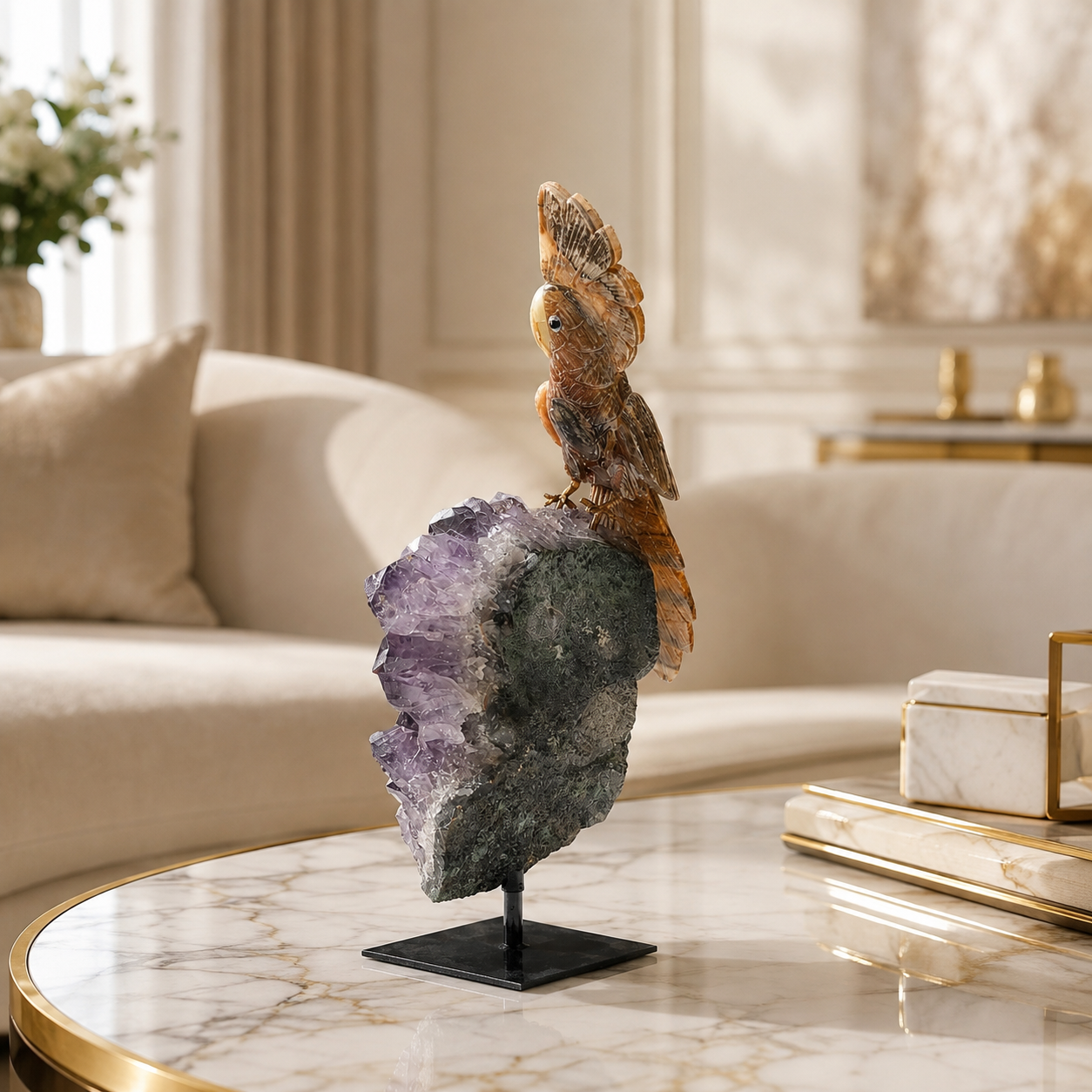 Natural Jasper Crystal Bird Figurine on Amethyst Cluster Base for Protection & Positivity Harmony, 13x34 cm, 2.946 kg